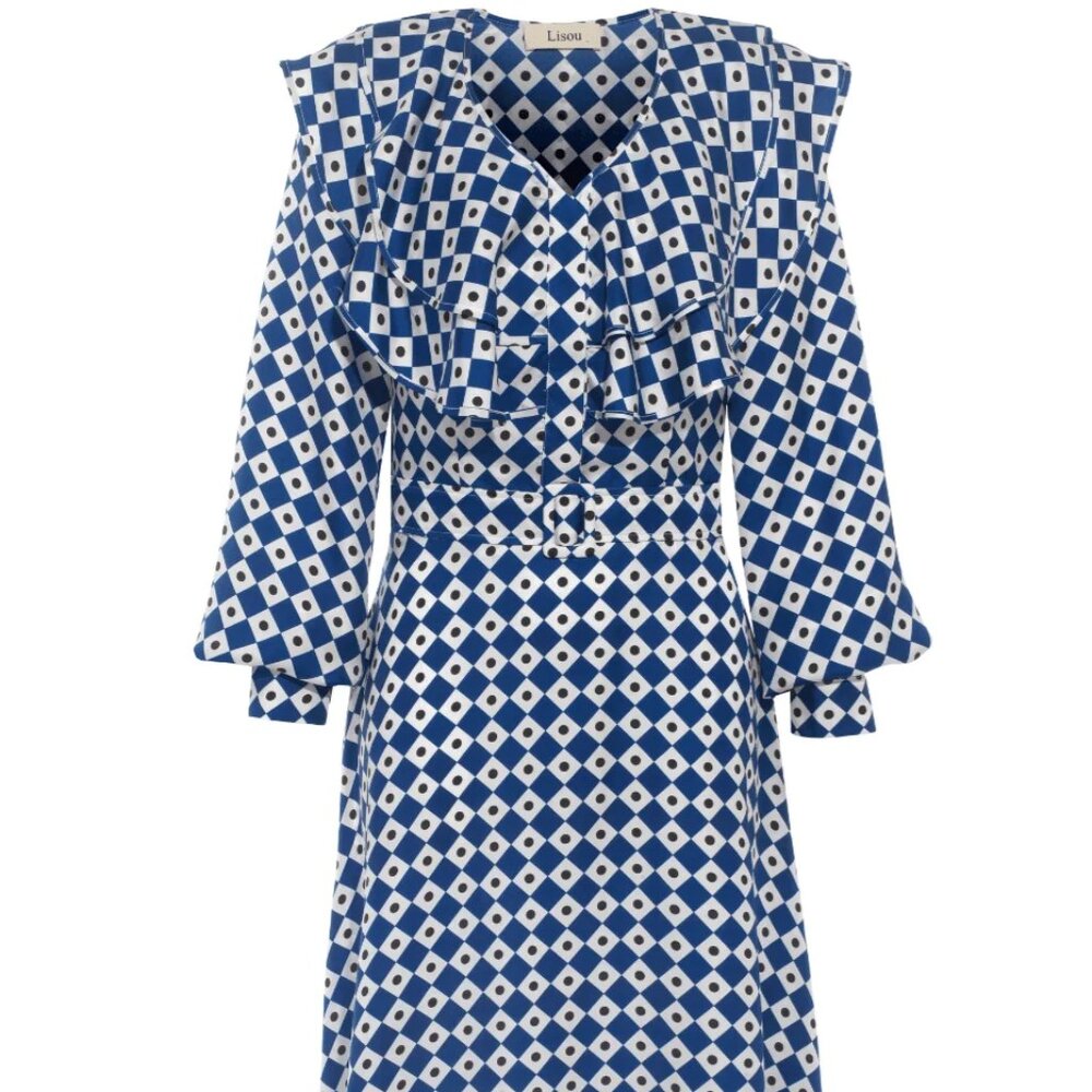 Blue Brown Diamond Print Silk Dress